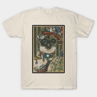 Steampunk Cat Traveler - Siamese Cat - Black Outlined Version T-Shirt